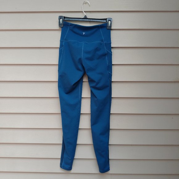 Old Navy Active Blue Leggings Go-Dry Side Pockets Sheer Mesh Side Stripes - Picture 7 of 11